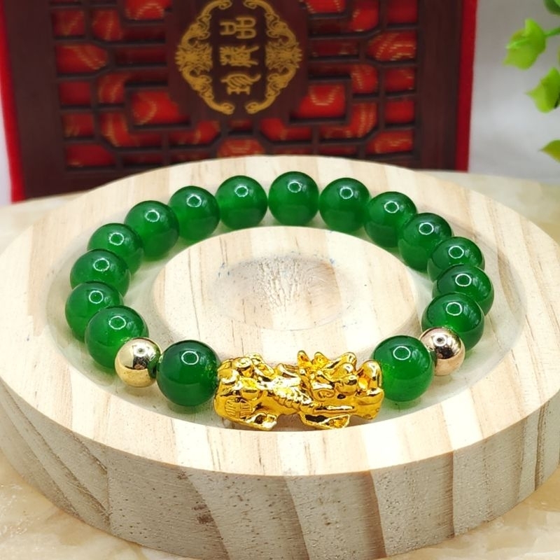 กำไลข้อมือปี่เซียะทองหยกหลิวหลีเขียว10mm สร้อยข้อมือพร้อมใส่ร้อยด้วยไหมยืด สินค้าจากโรงงานโดยตรงราคาส่ง