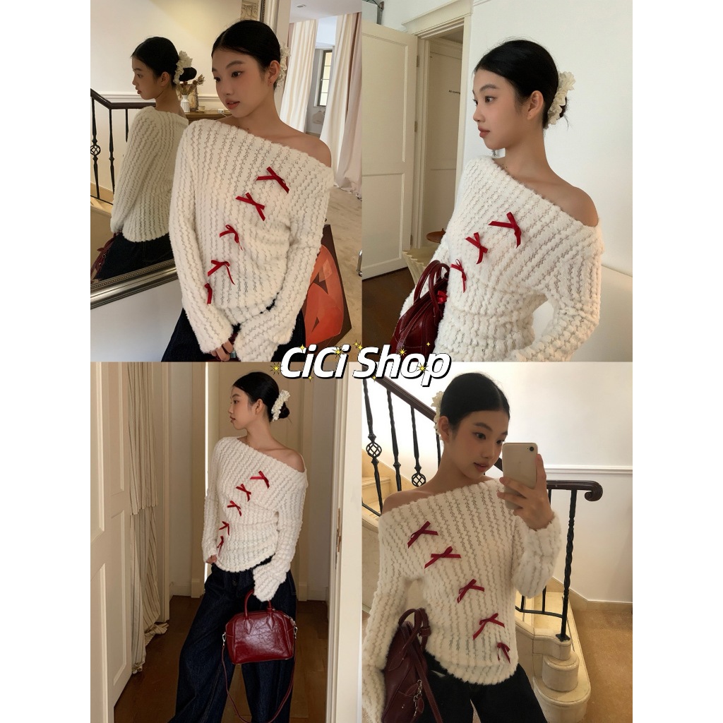 Cicishop(1525) เสื้อแขนยาวขนปุยแต่งโบว์แดง สไตล์เกาหลี