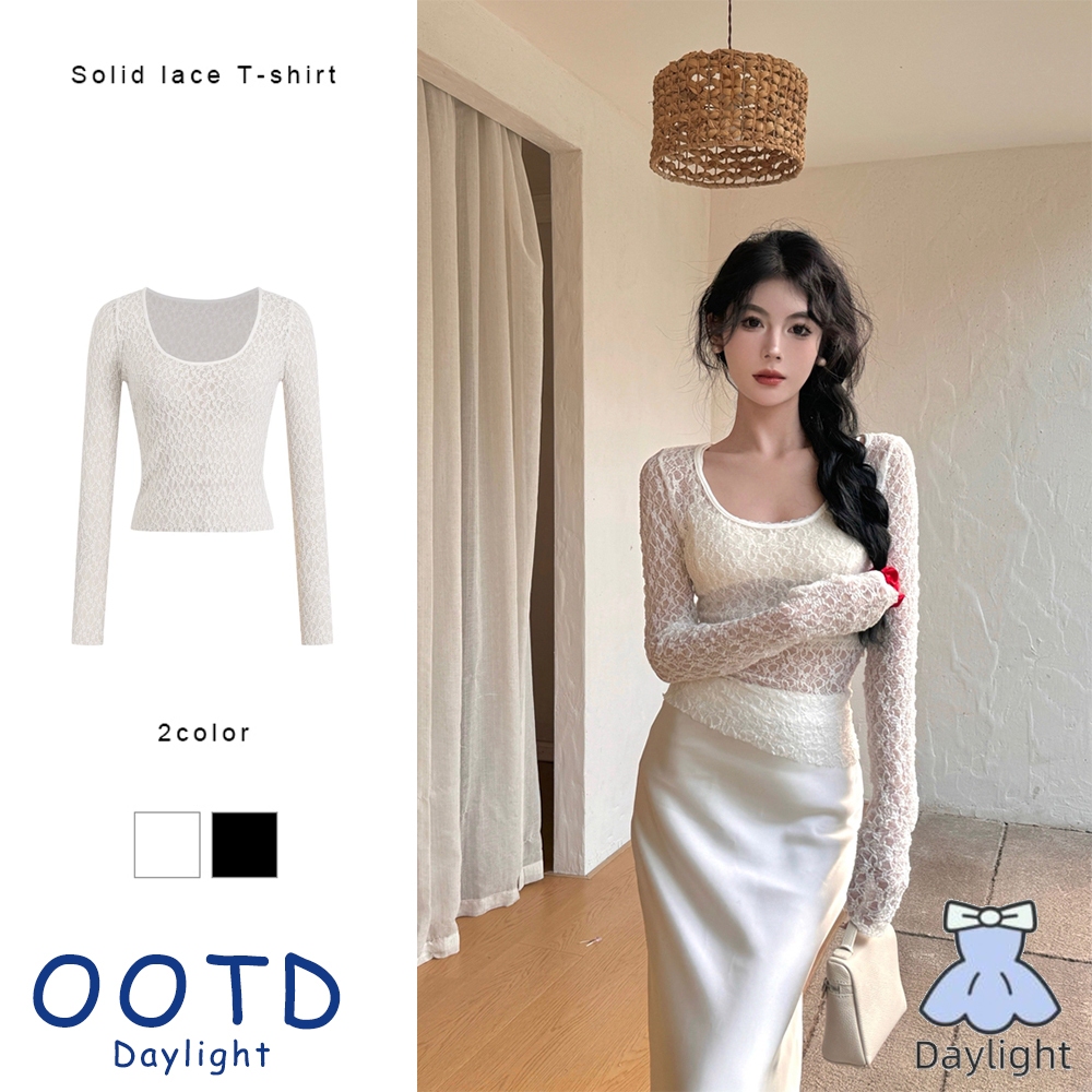 สีทึบเสื้อยืดลูกไม้มุมมอง Bottoming เสื้อผู้หญิง Slim FITTING เสื้อแขนยาว DL