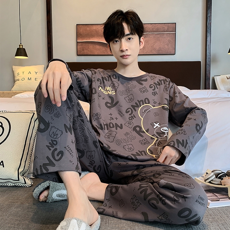 เสื้อผ้าผู้ชาย ชุดนอนผู้ชาย เสื้อแขนยาว+กางเกงขายาว ชุดนอนคุณภาพสูง 40~90KG