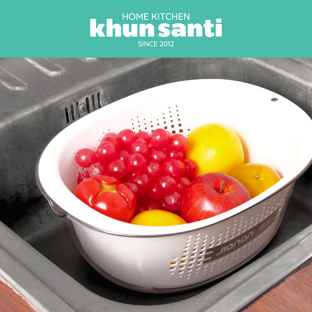 KHUN  SANTI กะละมังล้างผักพร้อมตะเเกรงรองน้ำ NO.0139 ขนาด(กว้าง x ยาว x สูง): 31.4 x 24.7 x 12 cm