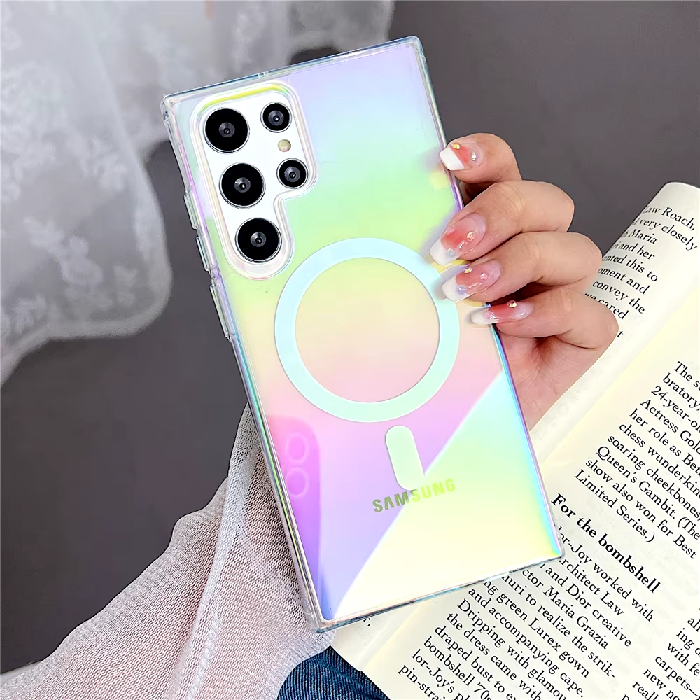 เท่ๆ เคส Samsung สายรุ้ง magneitc case สำหรับ ซัมซุงS24 S22 S23 FE Plus Ultra transparent เคสใส Acrylic+TPU Case #03sm