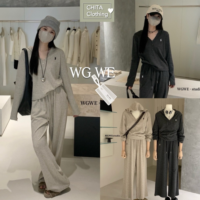 2735# Set 2 pcs เสื้อ ฮูดแขนยาว ปักลายช่วงอก + กางเกงขายาวเอวยางยืดมีกระเป๋าล้วงข้าง TAG:WG.WE
