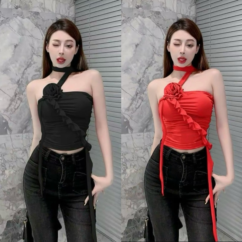 เสื้อเกาะอกแต่งกุหลาบคล้องคอ Vietnam style no.1013