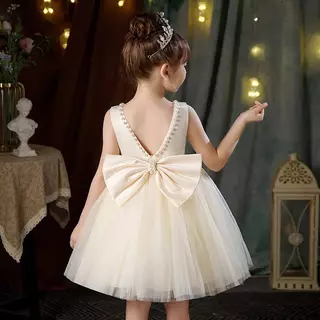 Babycub สีแชมเปญ ชุดเดรสตกแต่งมุกโบว์หรูหรา