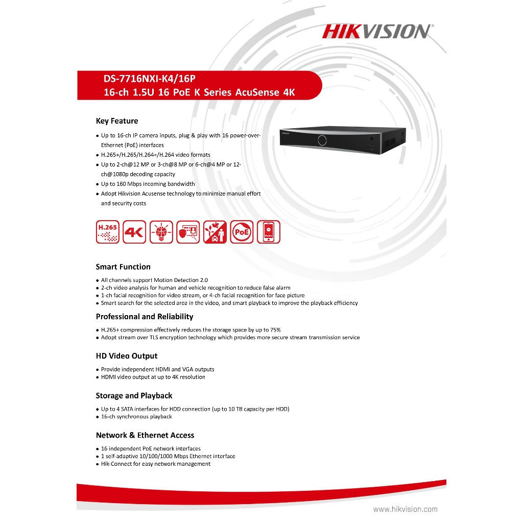 HIKVISION DS-7716NXI-K4/16P NVR 16CH ใส่ HDD ภายในเครื่องได้สูงสุด 4 ลูก, มี POE 16 ช่อง BY BILLIONAIRE SECURETECH