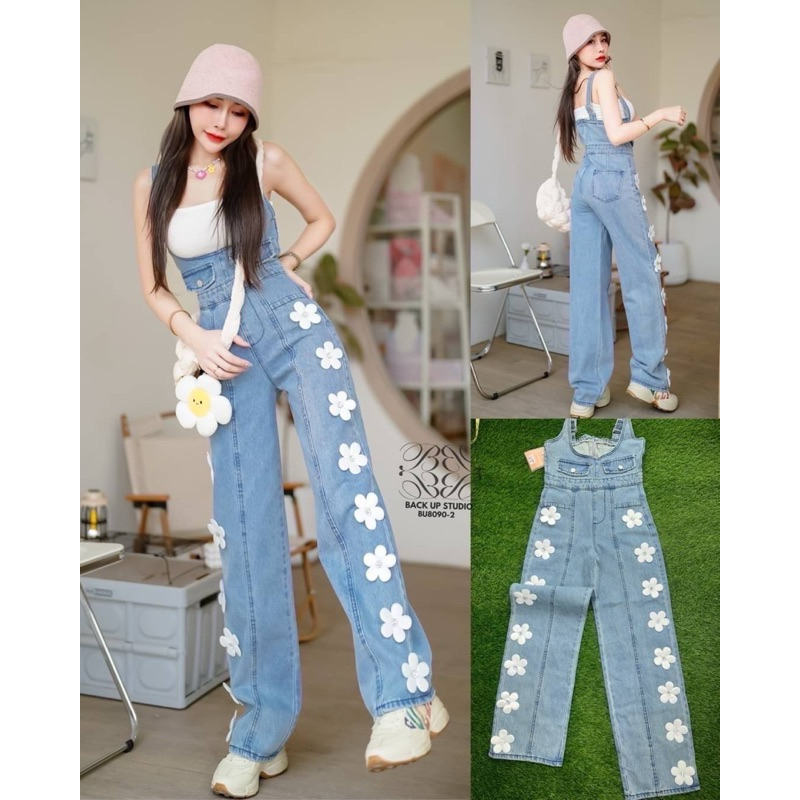 ชุดเอี้ยมผ้าไม่ยืด ขากระบอก แต่ดอกไม้ 3D งาน DIY เย็บมือ สายปรับได้ ทรงสวย แพทเทิร์นเป๊ะ