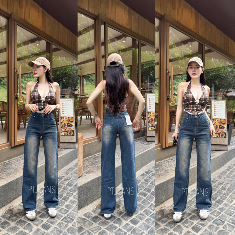 กางเกงยีนส์ทรงกระบอกกลางป้าย Vintage(แท้) เอวสูงผ้าไม่ยืด สีสนิมเข้ม รหัส 9900