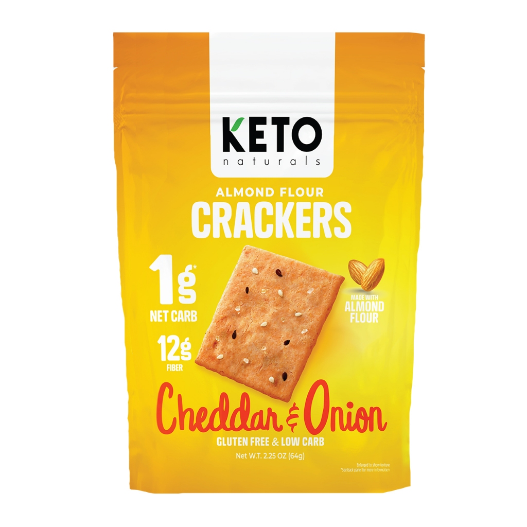 KETO NATURALS  ALMOND CRACKERS CHEDDAR &ONION GLUTEN FREE  คีโต อัลมอนแครกเกอร์ รสเชดด้าชีสและหัวหอม