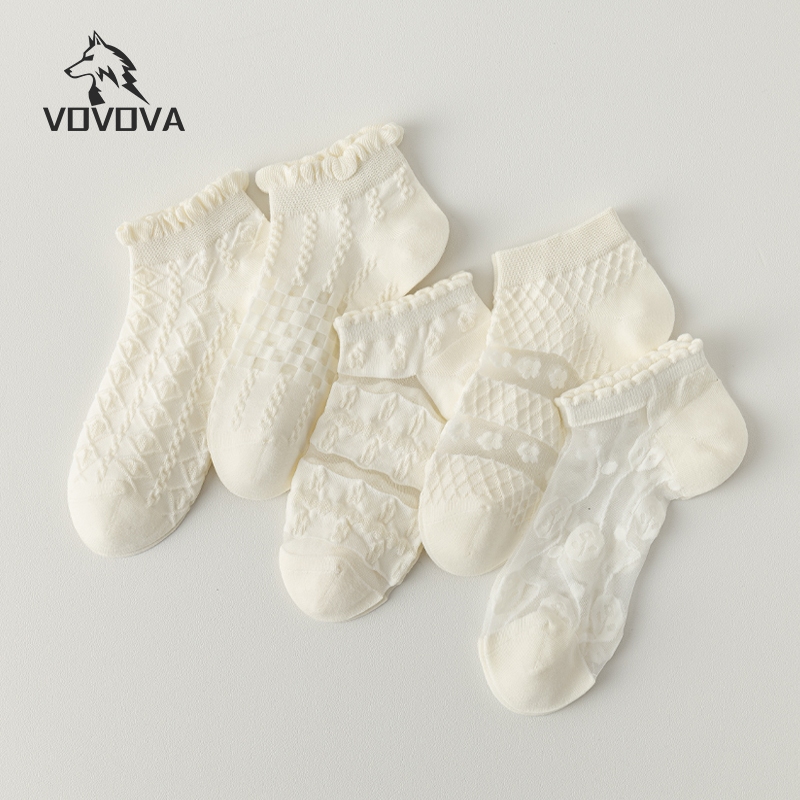 VOVOVA【ห้า คู่】ถุงเท้าสั้นสีขาวแบบแฟชั่น มีลวดลายดอกไม้รอบขอบ ระบายอากาศดีแฟชั่น ถุงเท้าข้อสั้นลายน่ารัก เนื้อผ้านุ่ม