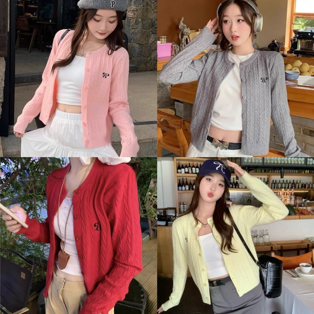 🎀MKL🎀 เสื้อแขนยาวไหมพรม ครอปคาร์ดิแกน  ผ้านุ่มมาก ปักลายโบว์สีดำ สไตล์เกาหลี #K311