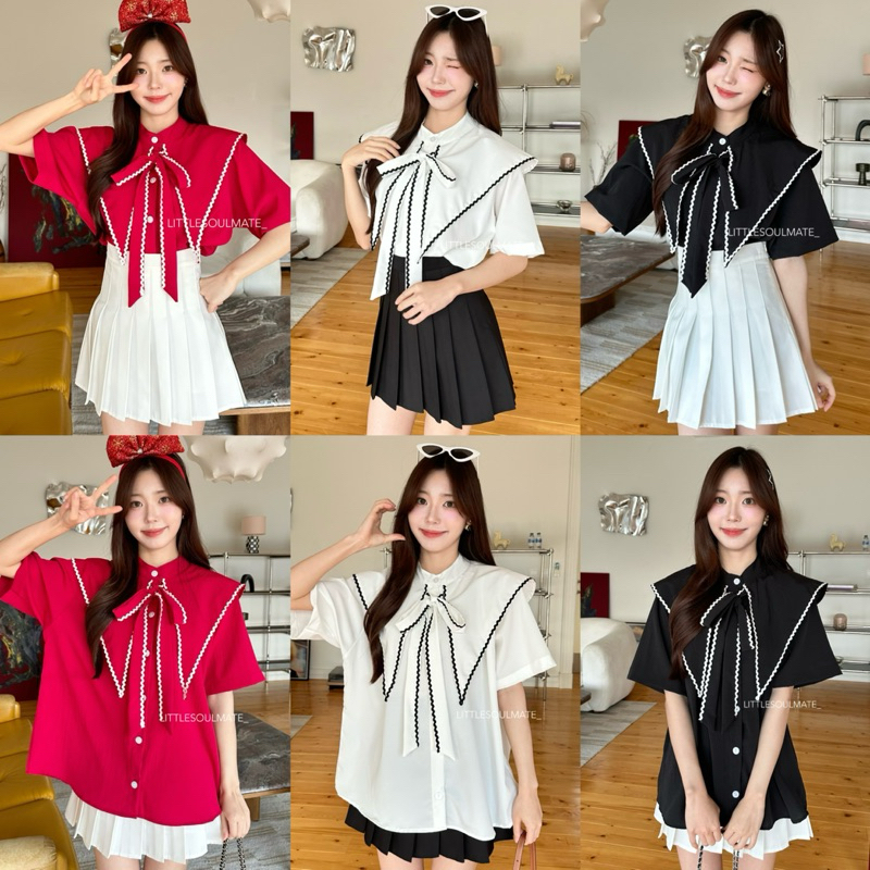 littlesoulmate เสื้อเชิ้ตโอเวอร์ไซส์คอปก เชิ้ตผูกโบว์คอปกใหญ่ น่ารัก(poppy collar)