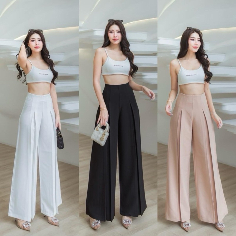 Libre pants [รุ่นลิเบรอ] กางเกงขายาวเอวสูง ทรงขากระบอกใหญ่ ผ้าเบอลิน [ความยาว 43 นิ้ว]