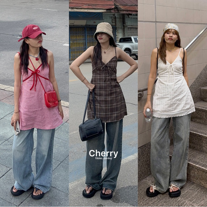 ( เชอรี่ ) มินิเดรสสายเดี่ยวคอวี มินิเดรส เดรสสายเดี่ยว เดรส เดรสสั้น