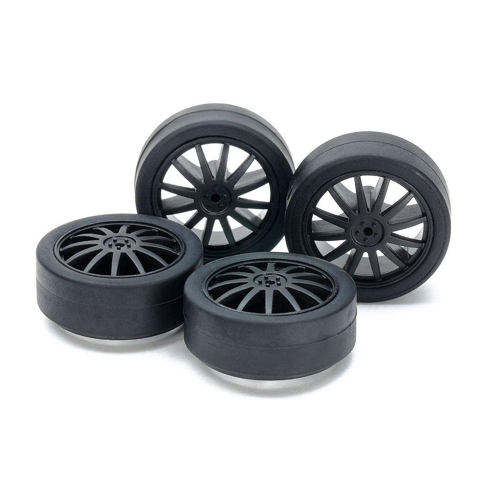 TAMIYA 15534 SMALL DIA. LOW FRICTION LOW-PROFILE TIRES (26mm) & CARBON WHEELS (FIN)