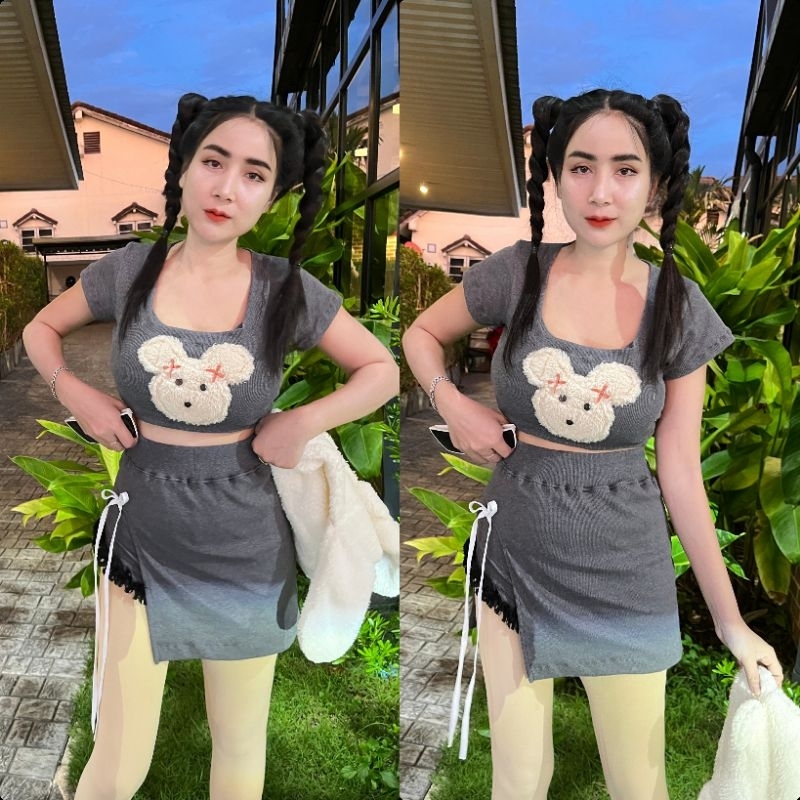 (ชุดหน้าหมี)ชุดเซตกระโปรงเทาติดหน้าหมี ได้ครบชุด