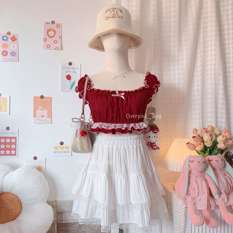 OVP Crop Top เสื้อครอป ผ้าครัชแต่งลูกไม้สีขาว แขนตุ๊กตาเล็ก เสื้อเอวลอย