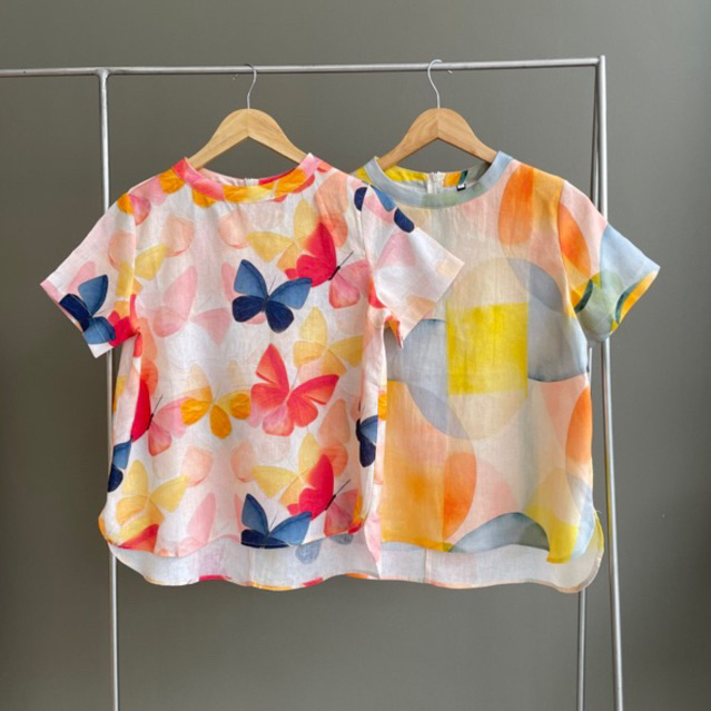 P7เสื้อลินินพิมพ์ลายทรงคอกลมแขนสั้นซิปหลัง