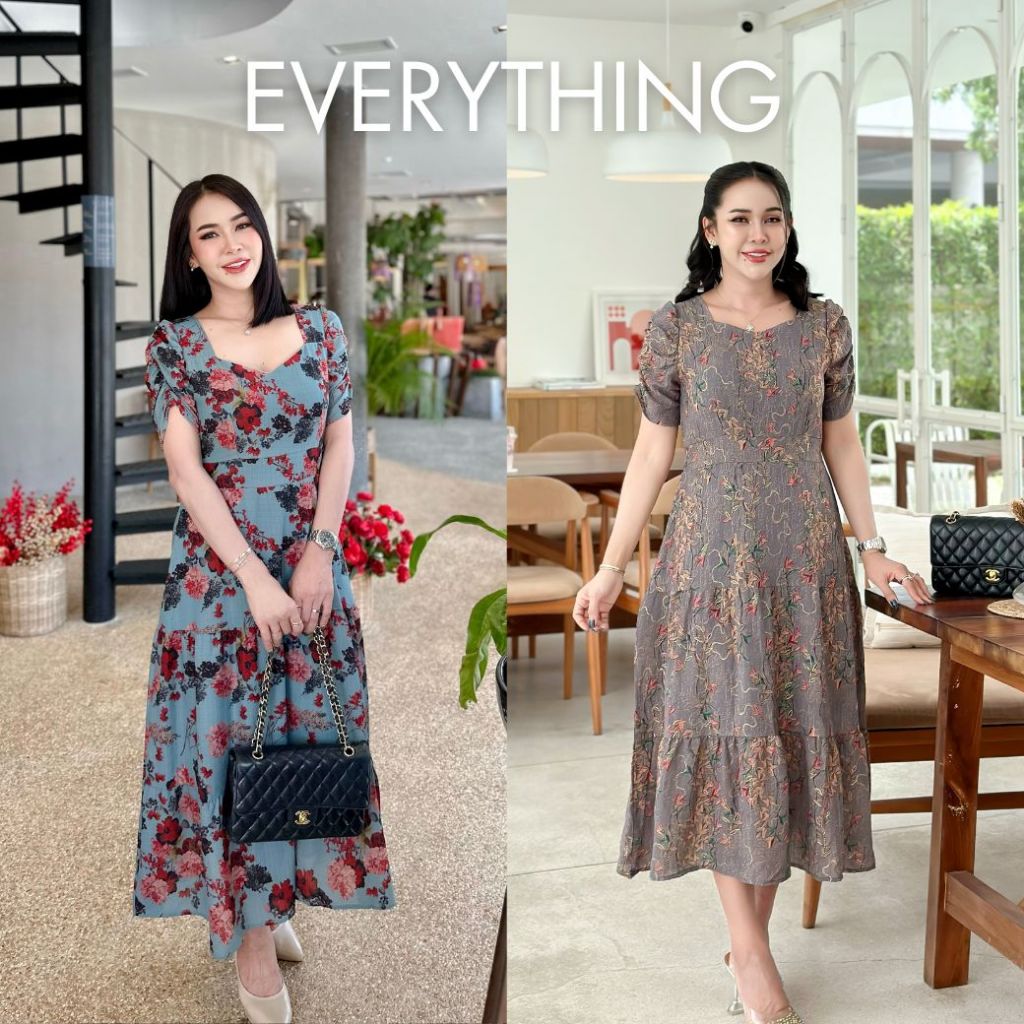 Everything2019 เดรสยาวผู้หญิงคอหัวใจ ผ้ารังผึ้ง ดีเทลแขนย่น ใส่แล้วดูผอม มีหลายไซส์ อก 36-48 (6266)