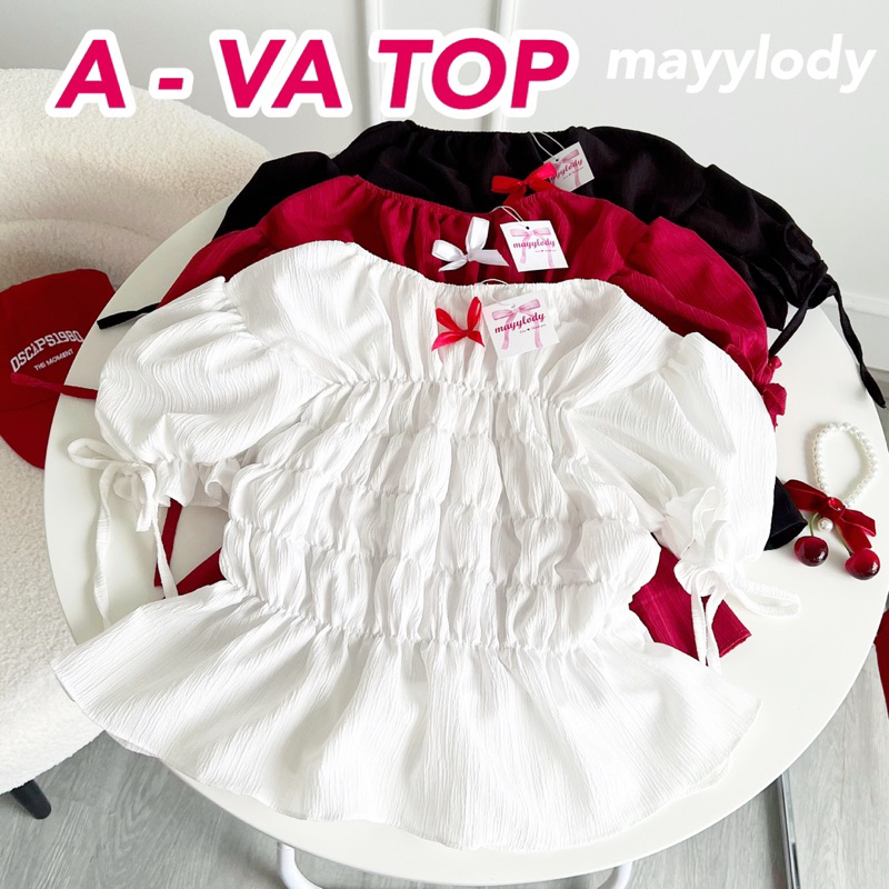 ❤️mayylody❤️ A - VA Top ครอปท็อป เสื้อครอปคอกลมเเขนตุ๊กตา เเต่งริบบิ้นผูกอก  🍒🌷🌈 ครอป เสื้อสีแดง / เสื้อคริสต์มาส