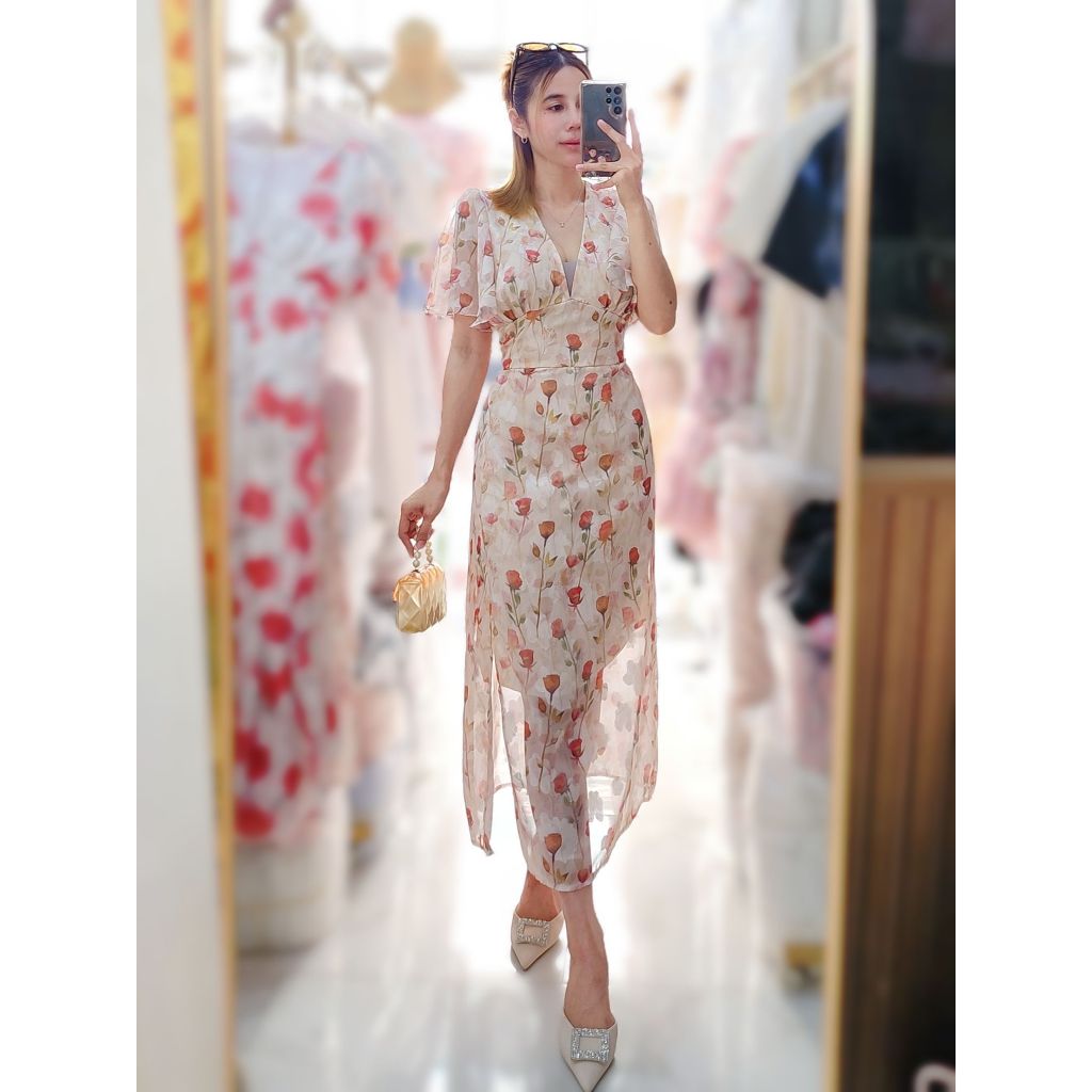 #365# เดรสยาว แขนปีกผีเสื้อปิดต้นแขน คอวีลึก - รูปที่ 4