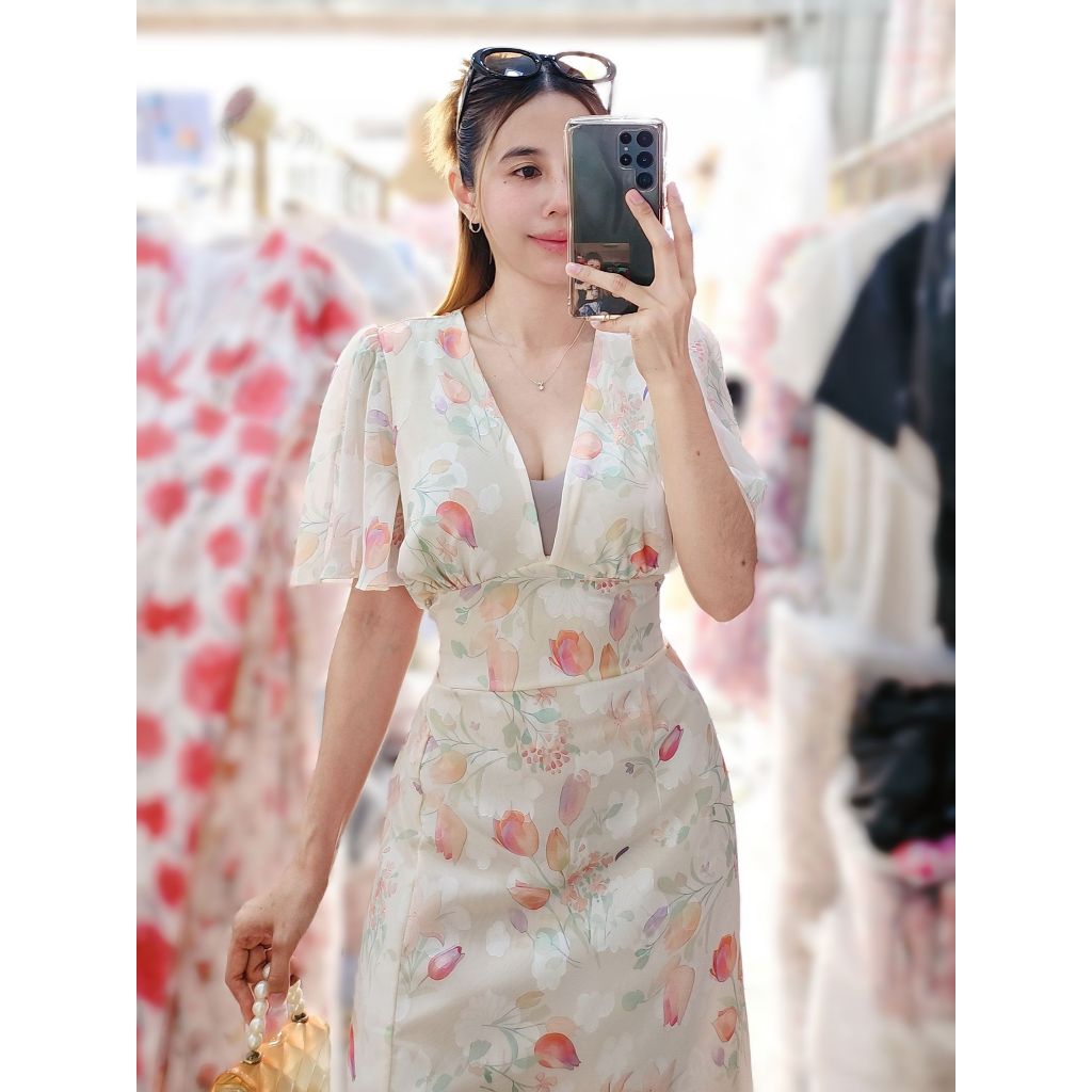 #365# เดรสยาว แขนปีกผีเสื้อปิดต้นแขน คอวีลึก - รูปที่ 6