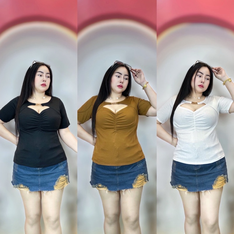 เสื้อสาวอวบอ้วนร้านแป้งแฟชั่น❤️ รอบออก38-46 ยาว24🤑สินค้ามีพร้อมส่ง จัดส่งไวมาก🤑เสื้อเว้าอกย่นหน้า แต่งโซ่ แขนสั้น