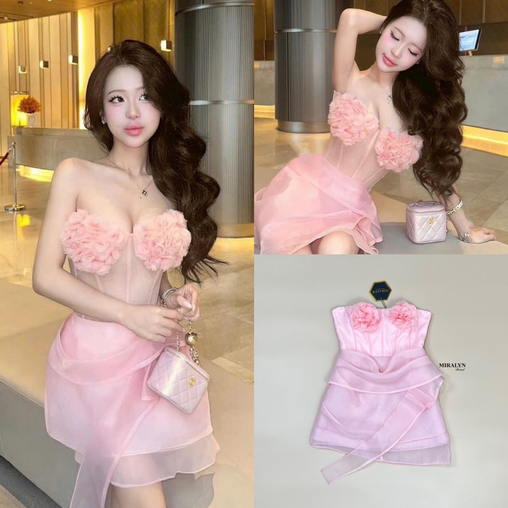"เช็คสต็อคสินค้าก่อนสั่งซื้อค่ะ กดสั่งซื้อแล้วกรุณาอย่ายกเลิกน๊า" MIRALYN มินิเดรสสีชมพูช่วงอกแต่งดอกไม้ตรงอก