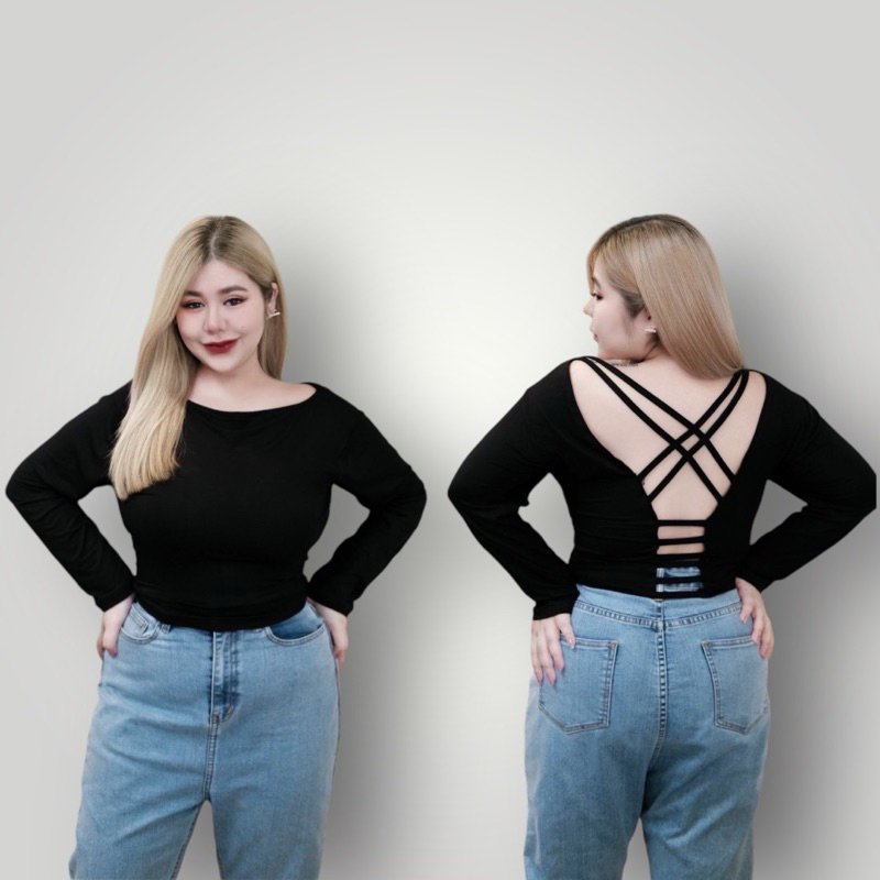 /TB/ เสื้อสาวอวบ ครอป แต่งสายหลังไขว้ สาวอวบอ้วน พลัสไซส์