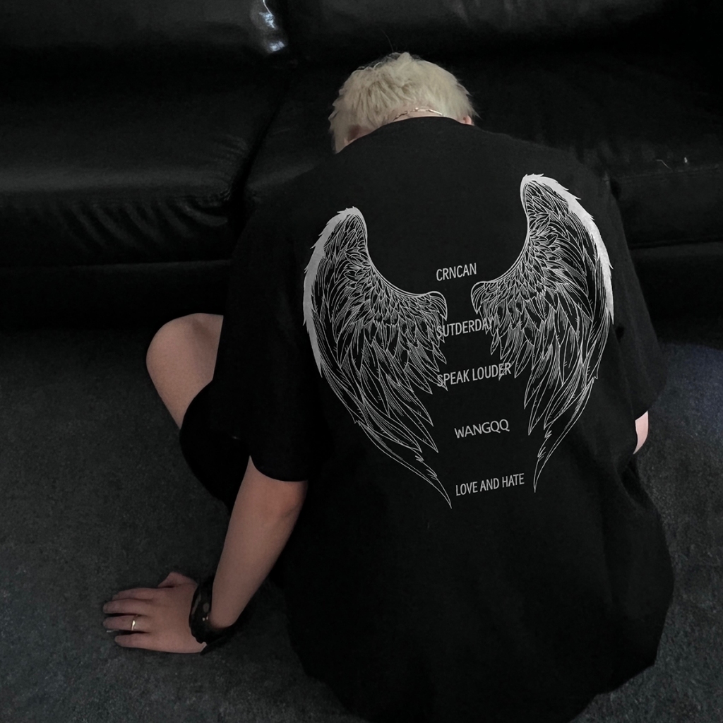 TeeTwoOne ปีกนางฟ้าพิมพ์ลาย วินเทจ เสื้อยืด oversize“WING”สไตล์สตรีท ผ้าCOTTON ผ้าฝ้ายใส่สบาย เสื้อยืดผู้ชา