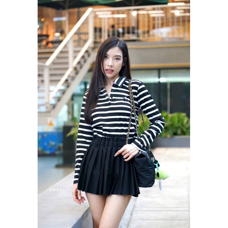 ANGEL STYLE T224 เสื้อริ้วคอปกแขนยาว