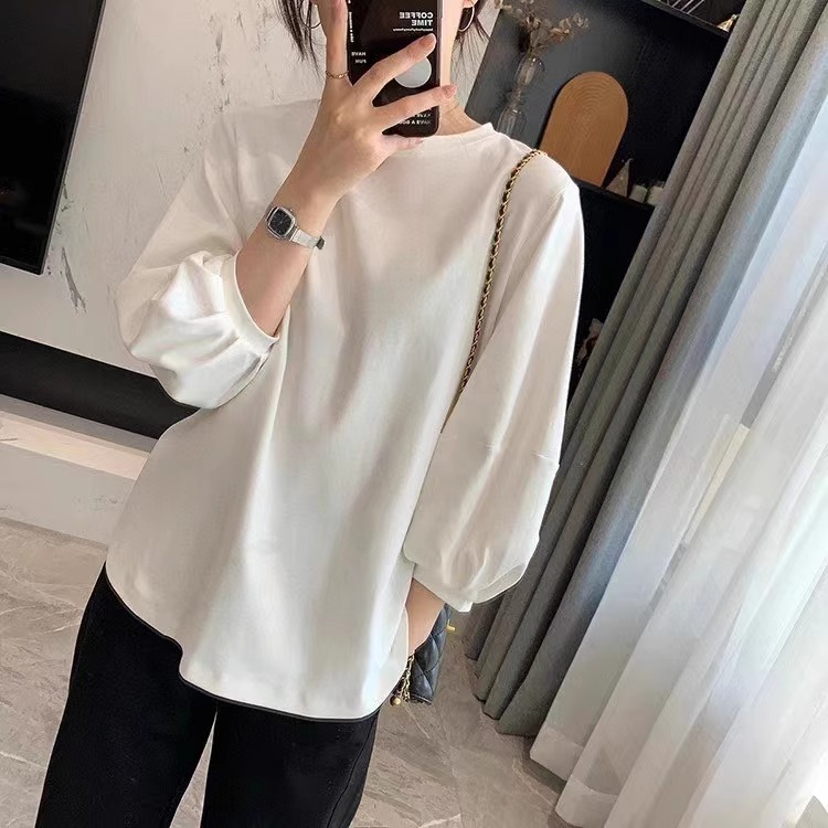เสื้อยืดแขนยาวทรงหลวมสไตล์เกาหลี สีพื้น Oversize เสื้อผ้าสาวอวบมินิมอลน่ารักๆ เสื้อแขนบอลลูนแฟชั่นสวยๆผู้หญิงฤดูร้อนใหม่