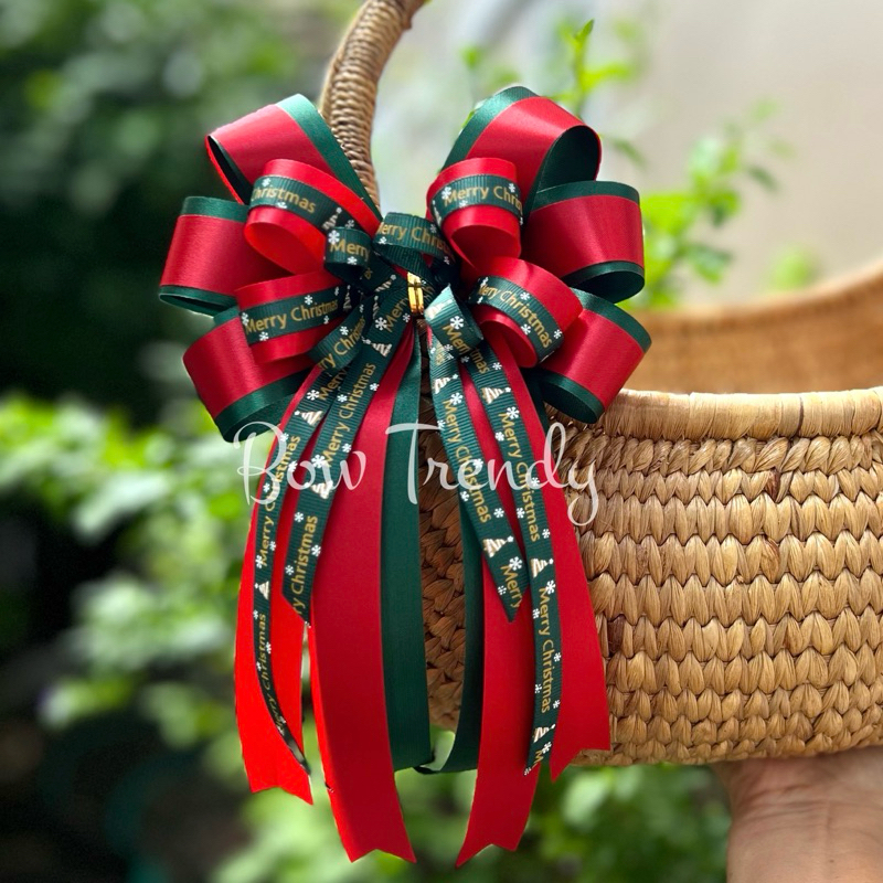 โบว์X’masขนาด16*24cmสีเขียวแดง3ชั้นตกแต่งริบบิ้นMerryChristmasงานHandmade/รุ่นกุ๊กไก่