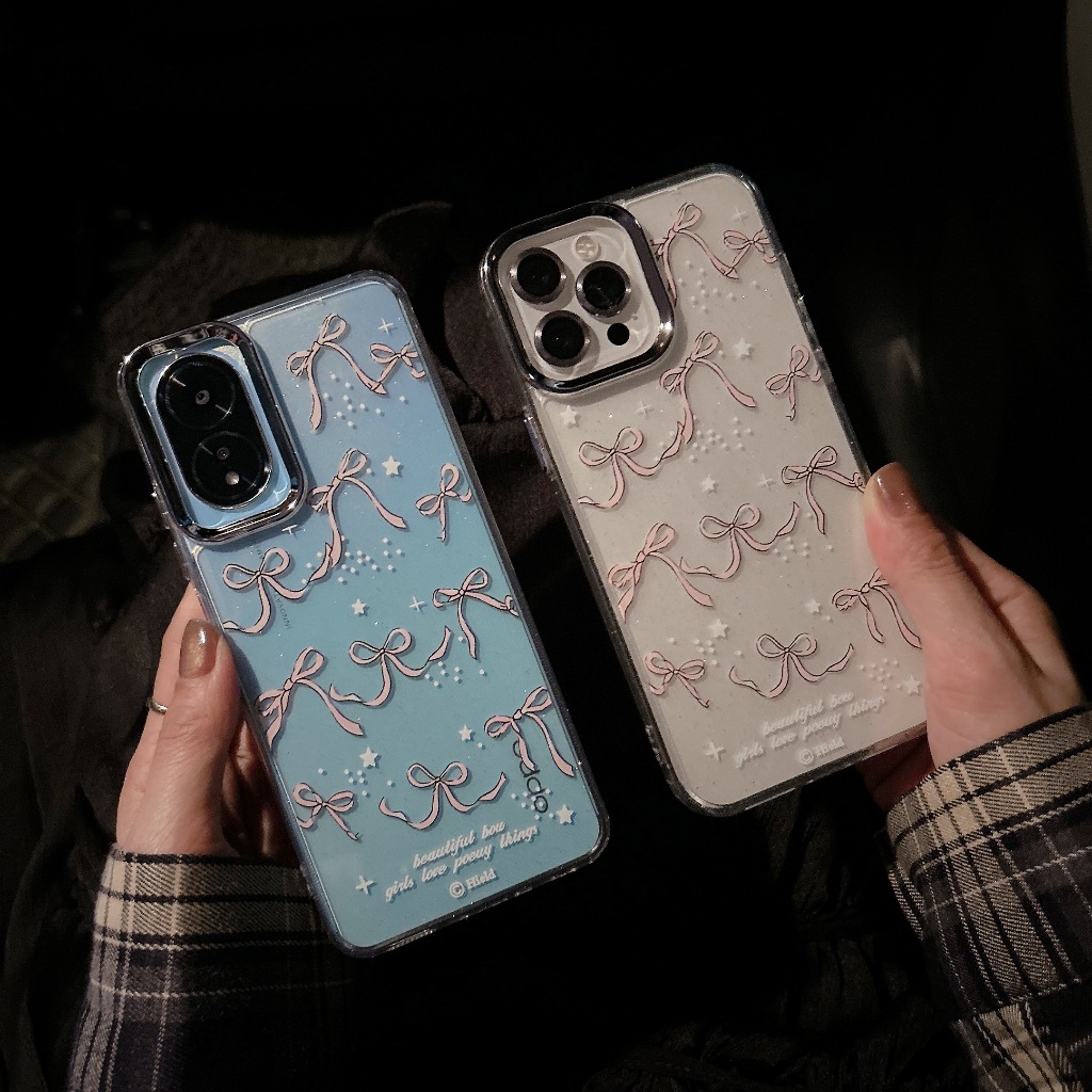 case กากเพชร กล้องเงิน ลายโบว์ชมพู สำหรับ รุ่น For iPhone 14 Vivo Y20 Y21 Oppo A17 A18 SAMSUNG