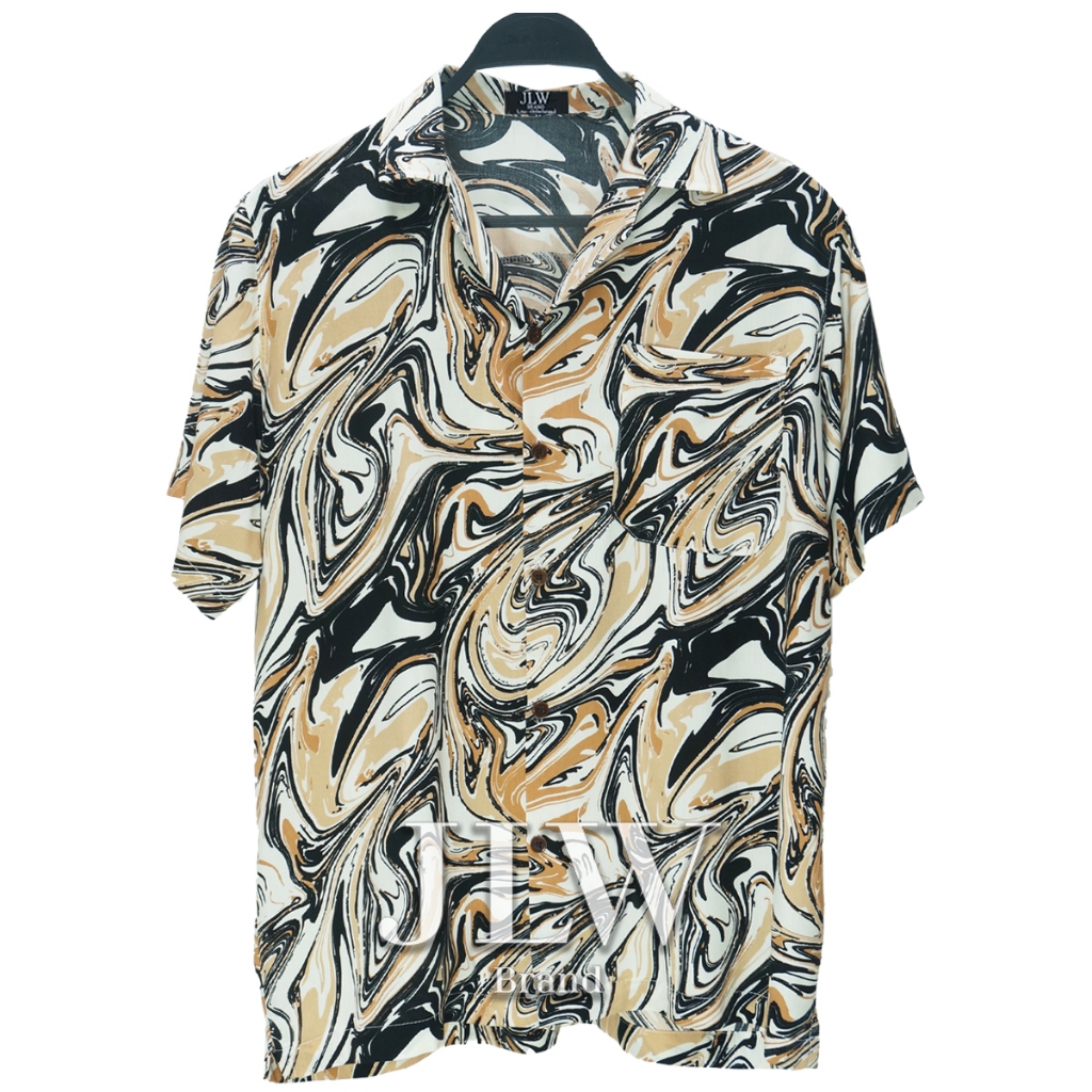 เสื้อฮาวาย ลายหินอ่อนมาเบิ้ล ส้มดำ ผ้านิ่ม M L XL Oversize คอฮาวาย JLW BRAND