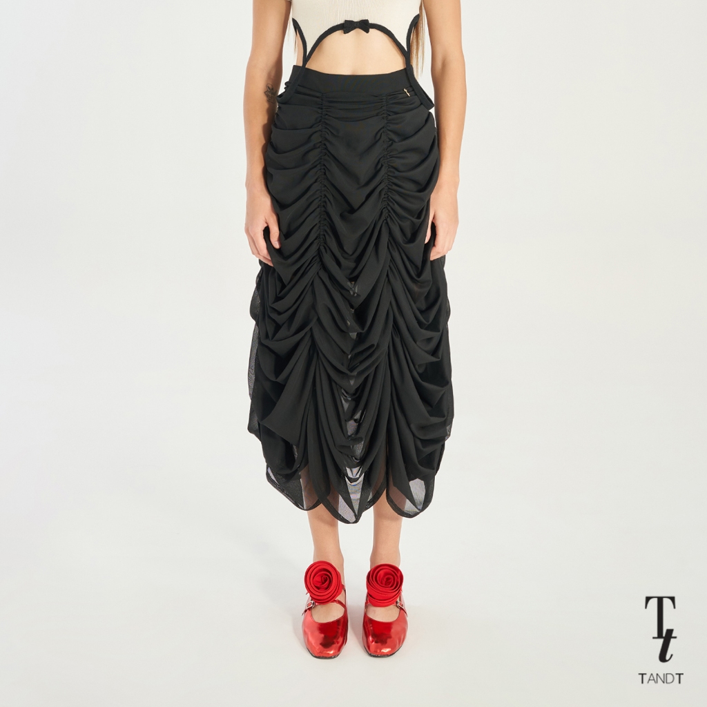 TandT - EMMALINE SKIRT - BOW HAND-CRAFTED RUCHED TULLE MIDI SKIRT