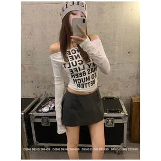 Rita พร้อมส่ง🎈เสื้อยืดปาดไหล่แขนยาว🎈เสื้อเซ็กซี่ผู้หญิง เสื้อรัดรูป แฟชั่น croptop แขนยาว พิมพ์ลายตัวอักษรY2K