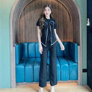 สินค้าพร้อมส่ง ชุดเซตยาวผ้าวูลเวฟ เสื้อแขนสั้นแต่งสายเดี่ยวระบายลูกไม้ผูกโบว์หน้า+กางเกงเอวเรียบมีกระเป๋า ( P14,P24 )