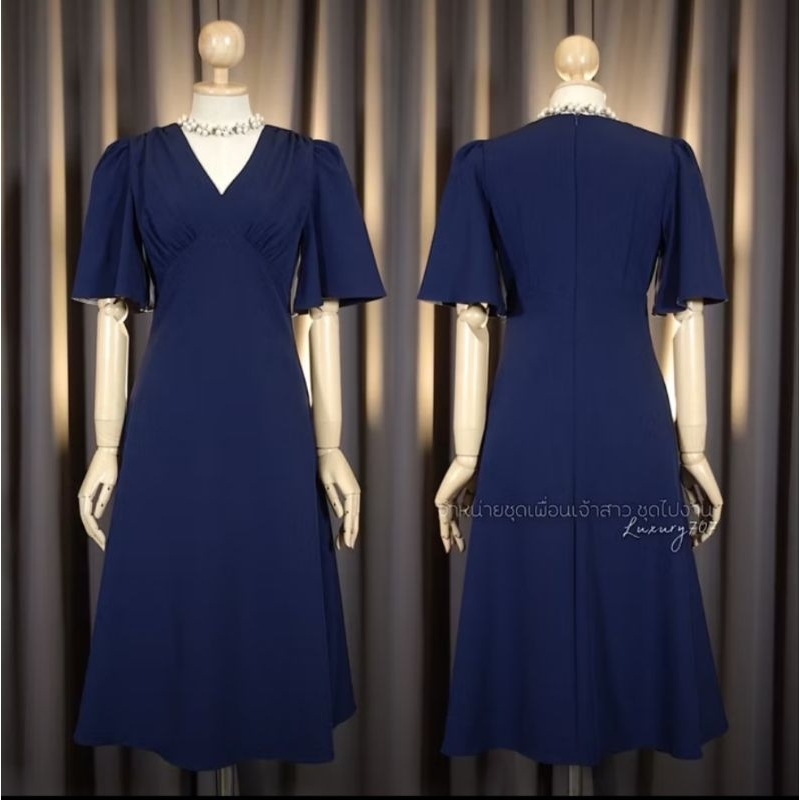 ของใหม่ [LUXURY707] FN8107 : Midi dress คอวี แขนกระดิ่ง ไซส์ M