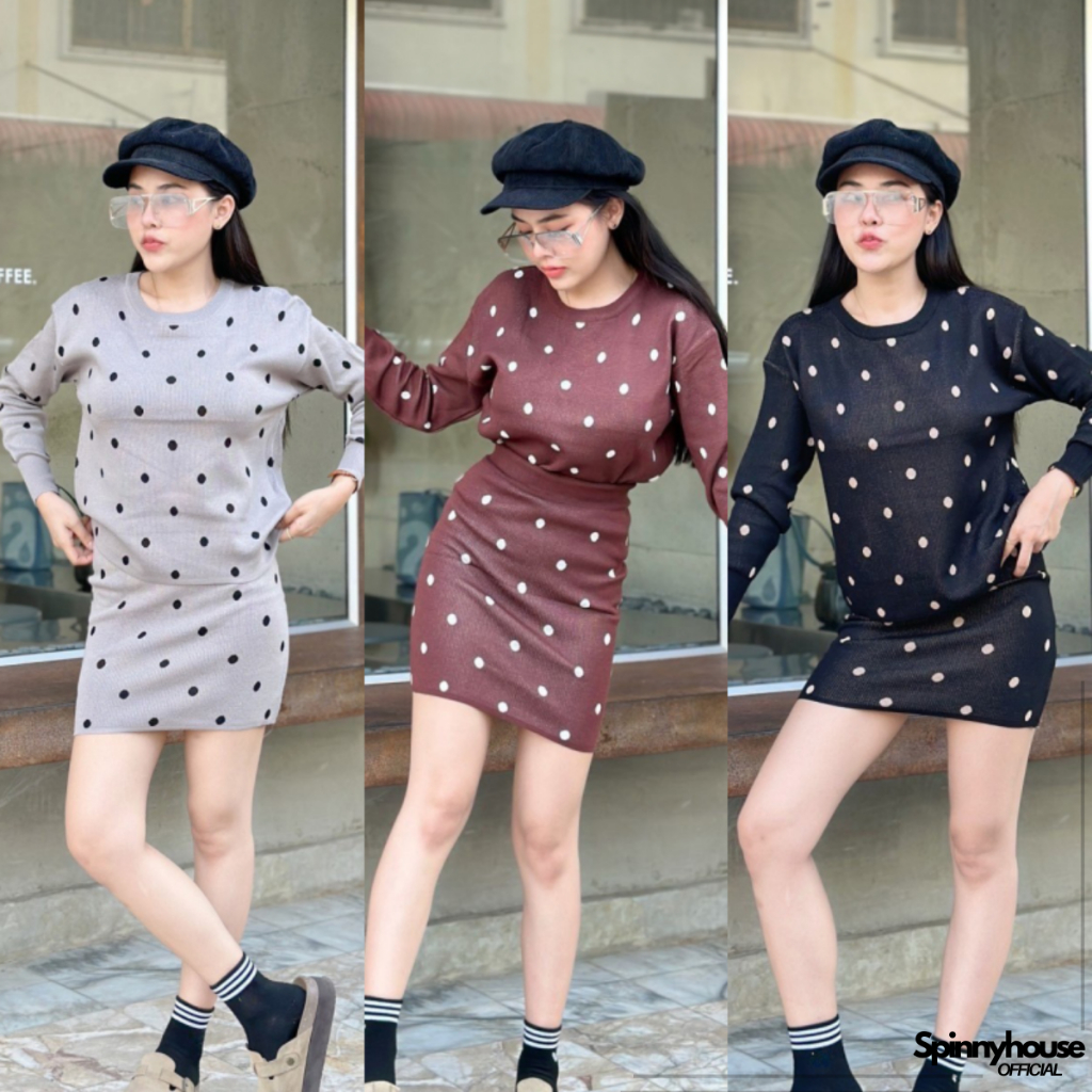 SpinnyHouse เซ็ต2ชิ้น เสื้อคอกลมแขนยาว + กระโปรงสั้นลายโพกาดอท ผ้าไหมพรมยืดเยอะมาก สาวอวบใส่ได้ รุ่น แก้วหรู