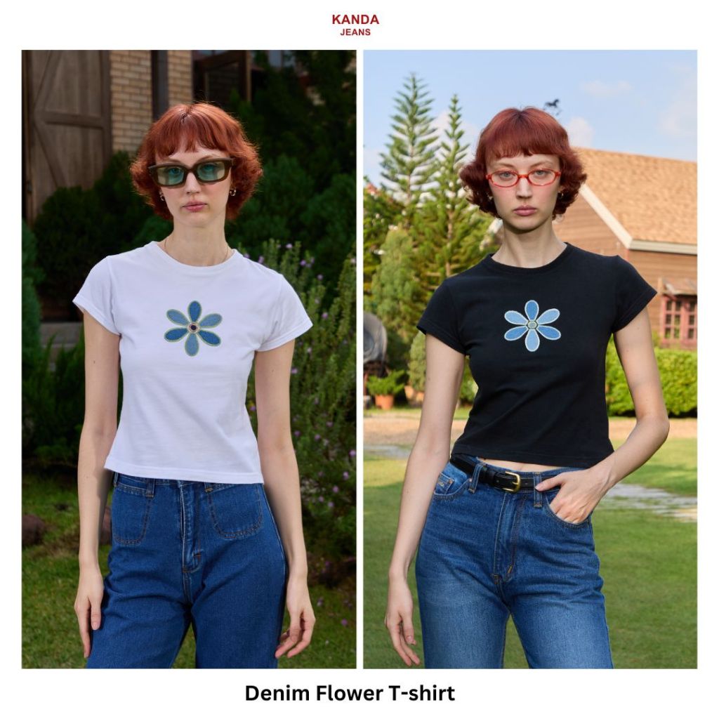 KANDA JEANS : Denim flower t-shirt (super soft) เสื้อยืดปักผ้ายีนส์รูปดอกไม้ เนื้อผ้านุ่ม cotton 100%