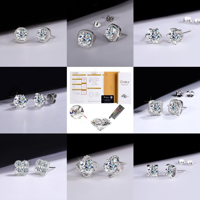 ต่างหูเพชรโมอีส 0.50-2กะรัต เงิน92.5% ชุบทองคำขาว พร้อมใบเซอร์GRA จี้ผ่านปากการตรวจเพชร