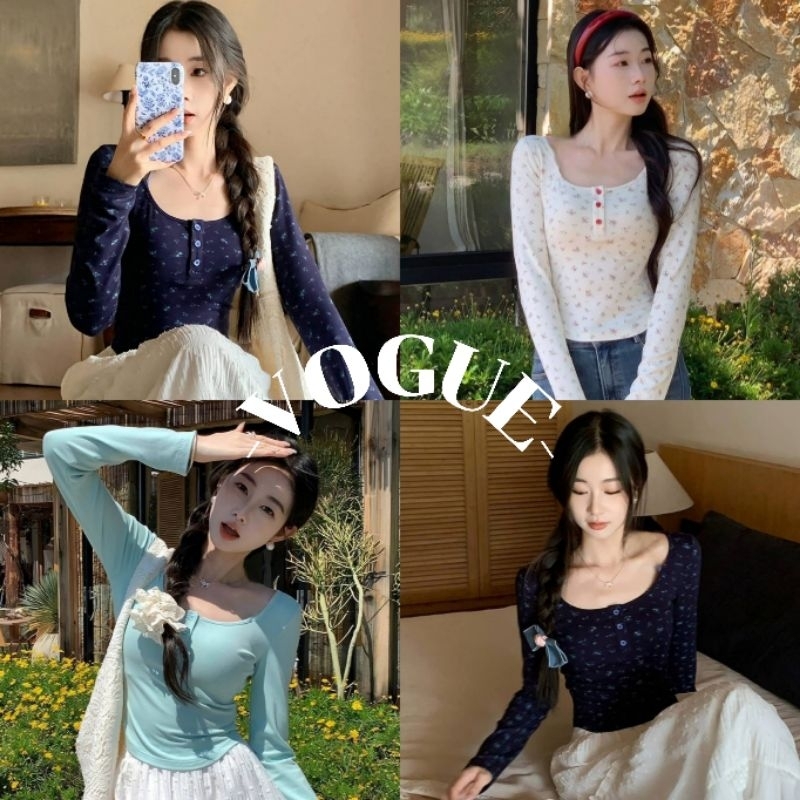 Vogue พร้อมส่ง แขนยาวคอยู แขนยาวลายดอกไม้ ปุ่มที่อยู่ด้านหน้า (FY5067)