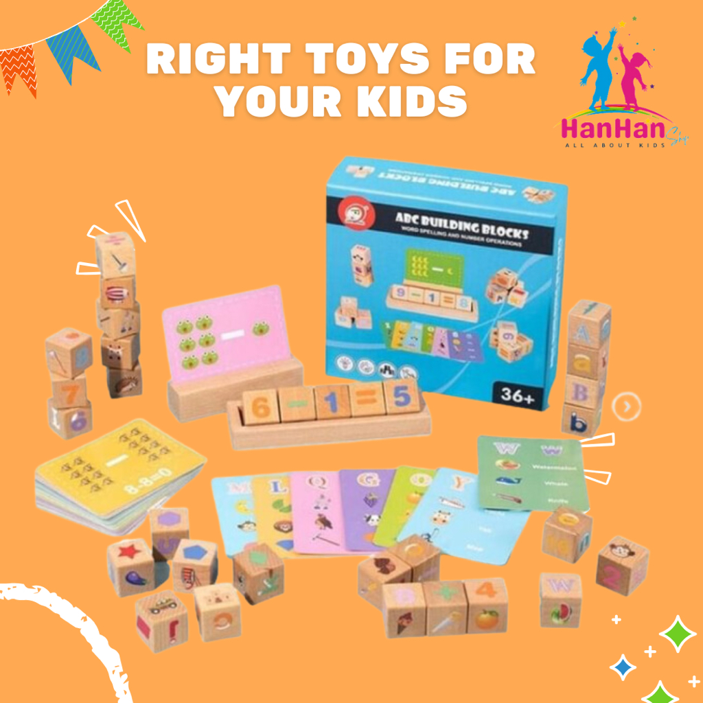 HanHAn Shop ของเล่นบล๊อคไม้ เรียนรู้อักษรภาษาอังกฤษ ตัวเลข Montessori พร้อมการ์ดโจทย์และคำศัพท์