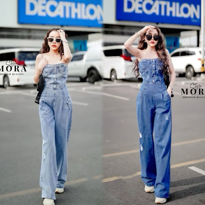 M11 งานป้าย Mora Jumpsuit จั๊มสูทยีนส์ขายาวเกาะอก สำหรับผู้หญิง เสื้อผ้าแฟชั่น ไซส์ S-XL