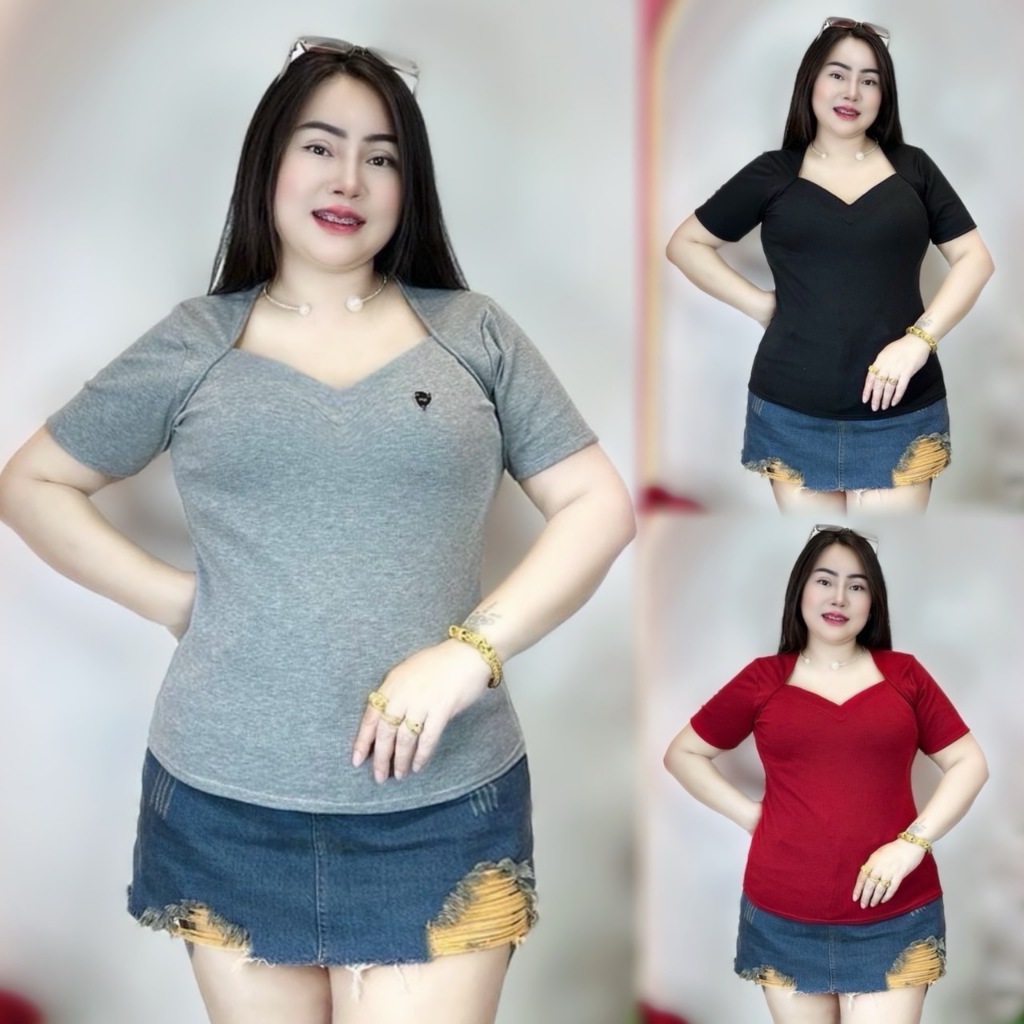 จัดส่งทันที่ เสื้อสาวอวบ ร้านต๋องแฟชั่น อก38-44 ยาว24 ผ้าร่อเนื้อนิ่ม **รุ่น แขนสั้นวีหัวใจ**