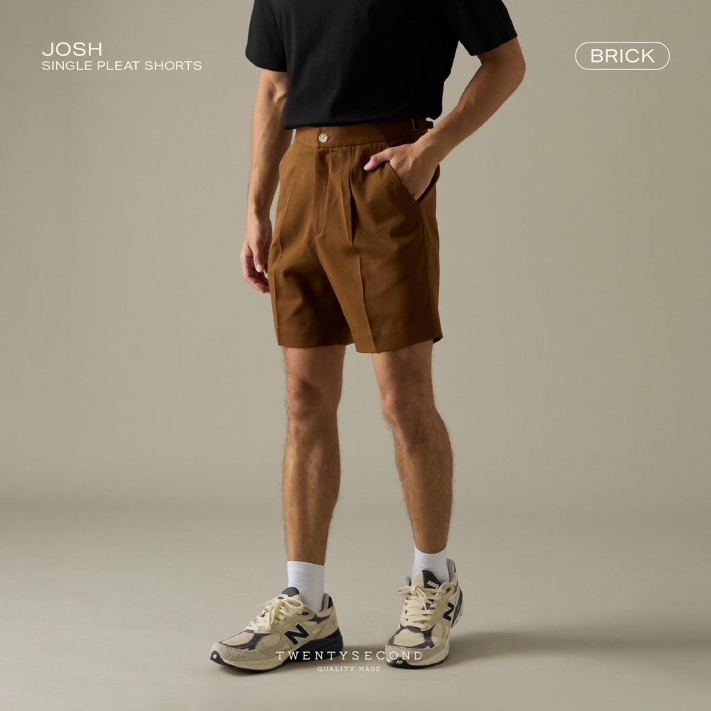 TWENTYSECOND กางเกงขาสั้น ผ้าคอตต้อน ทรงเอวสูง รุ่น Josh single pleat shorts - ส้ม / Brick
