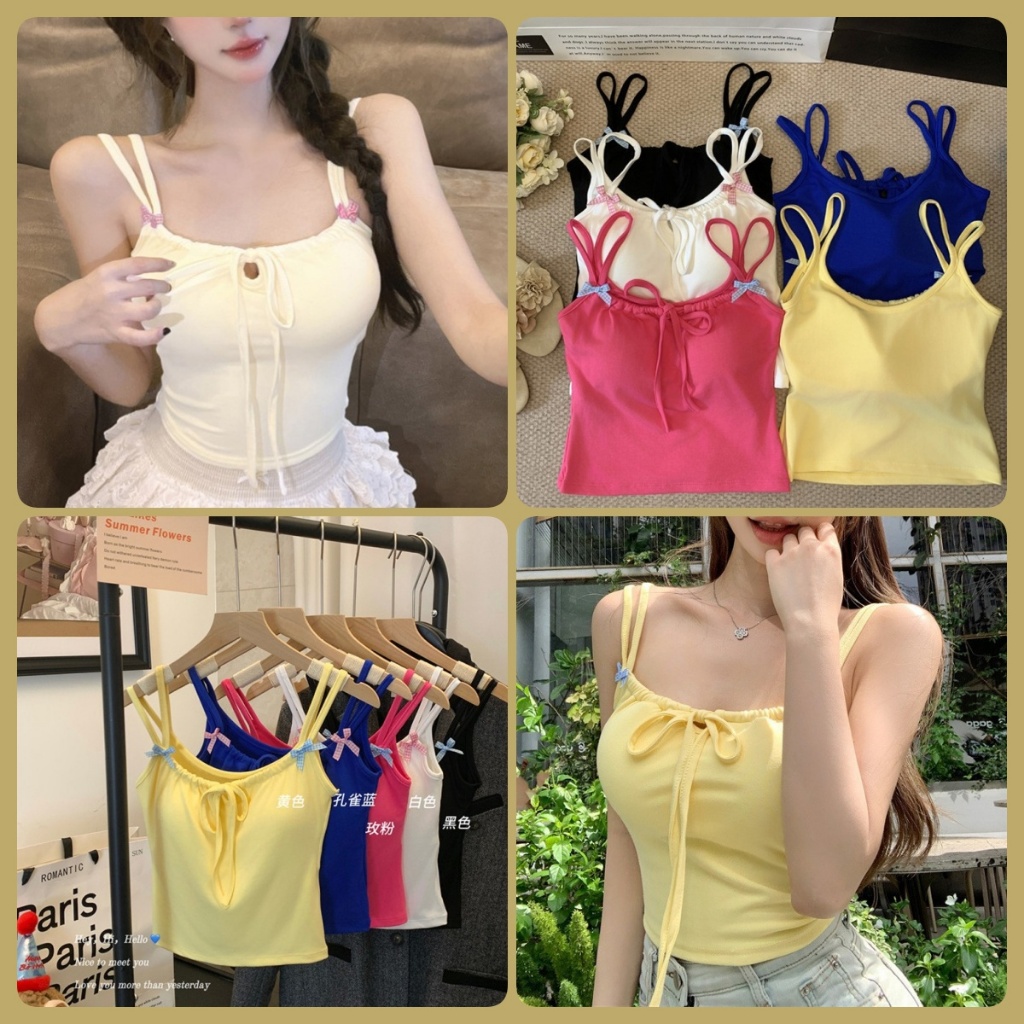 sexy pajamas พร้อมส่งจากไทย เสื้อกล้ามสายคู่ ฟองน้ำในตัว โบว์น่ารัก ผูกโบว์ ใส่สบาย