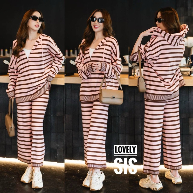 Knit Stripe Hood Long Sleeve Top&Long Pant Set