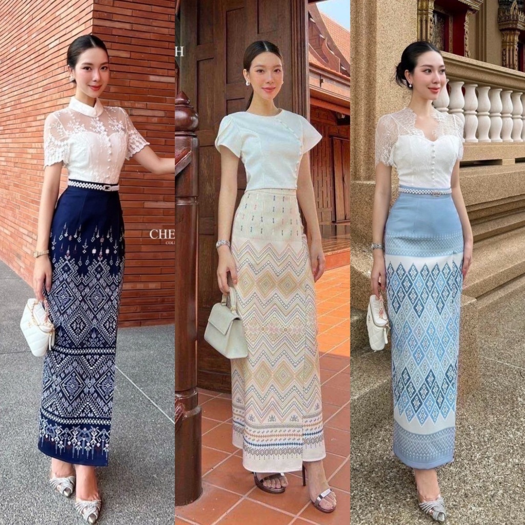 พร้อมส่ง ชุดไทย ลูกไม้ งานบุญ งานบวช เสื้อ+กระโปรงพิมพ์ลาย สีน้ำเงิน ฟ้า ชมพู ขาว ดำ วันแม่